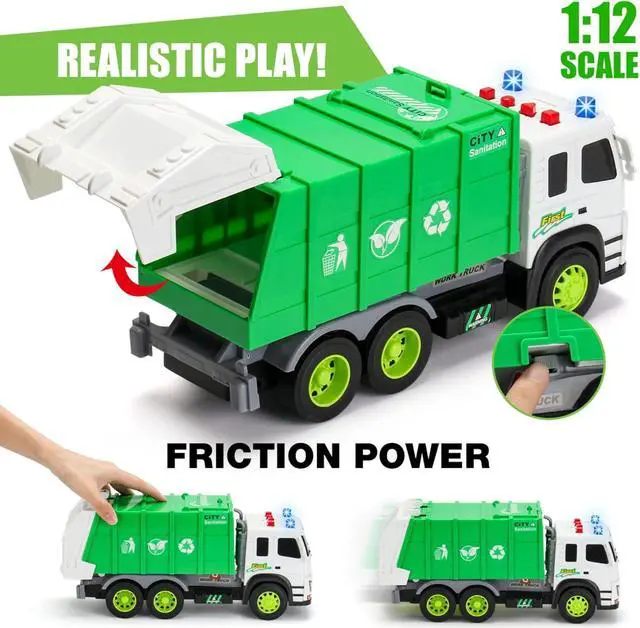 Alt view image 2 of 7 - MOBIUS Toys Garbage Truck Friction-Powered  1:12 Scale Large Size Truck w/Sounds, Lights, Loader, 4 Trash Cans for Learning Waste Management Recycling Toy for Toddlers, Boys, Girls 3 4 5 Years Old