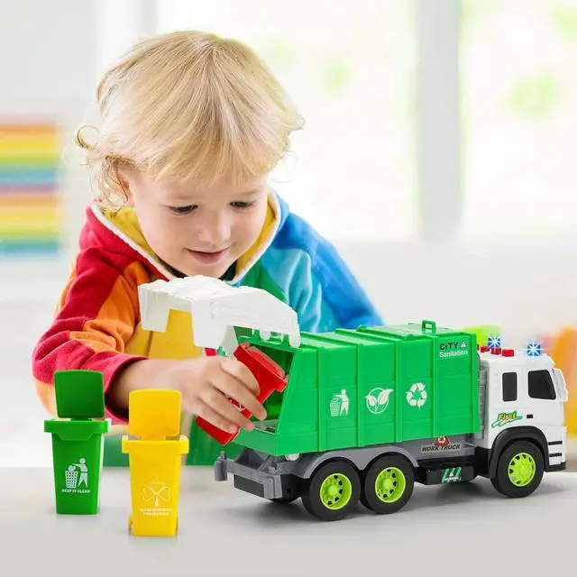 Alt view image 3 of 7 - MOBIUS Toys Garbage Truck Friction-Powered  1:12 Scale Large Size Truck w/Sounds, Lights, Loader, 4 Trash Cans for Learning Waste Management Recycling Toy for Toddlers, Boys, Girls 3 4 5 Years Old