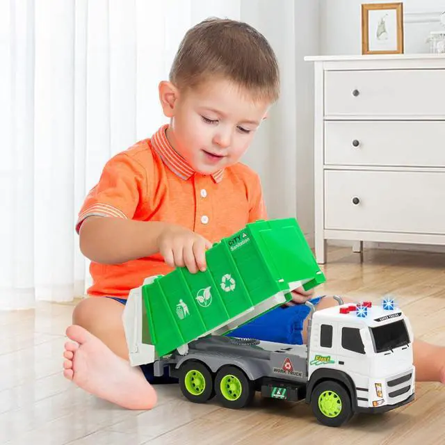 Alt view image 4 of 7 - MOBIUS Toys Garbage Truck Friction-Powered  1:12 Scale Large Size Truck w/Sounds, Lights, Loader, 4 Trash Cans for Learning Waste Management Recycling Toy for Toddlers, Boys, Girls 3 4 5 Years Old