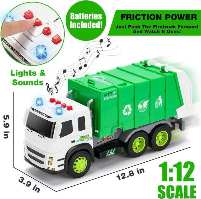 Alt view image 5 of 7 - MOBIUS Toys Garbage Truck Friction-Powered  1:12 Scale Large Size Truck w/Sounds, Lights, Loader, 4 Trash Cans for Learning Waste Management Recycling Toy for Toddlers, Boys, Girls 3 4 5 Years Old