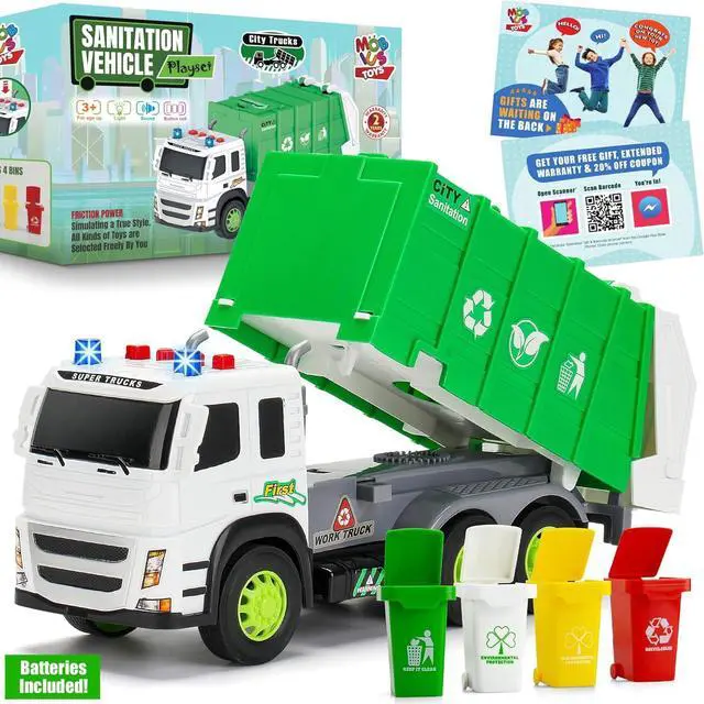 Alt view image 6 of 7 - MOBIUS Toys Garbage Truck Friction-Powered  1:12 Scale Large Size Truck w/Sounds, Lights, Loader, 4 Trash Cans for Learning Waste Management Recycling Toy for Toddlers, Boys, Girls 3 4 5 Years Old