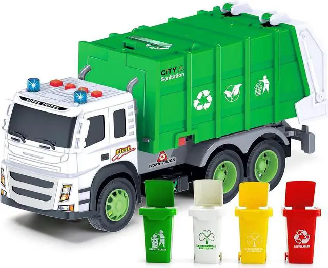 Alt view image 7 of 7 - MOBIUS Toys Garbage Truck Friction-Powered  1:12 Scale Large Size Truck w/Sounds, Lights, Loader, 4 Trash Cans for Learning Waste Management Recycling Toy for Toddlers, Boys, Girls 3 4 5 Years Old