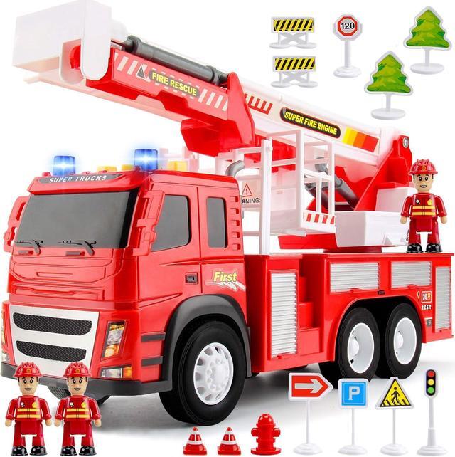 Main image of Fire Truck Playset - 1:12 Scale Large Size Toys - Realistic Fire Engine, 3 Firemen, Road Signs, Lights, Sounds - Friction-Powered Fire Truck Toys for 3 Year Old Boys, Girls, Toddlers Age 3 4 5
