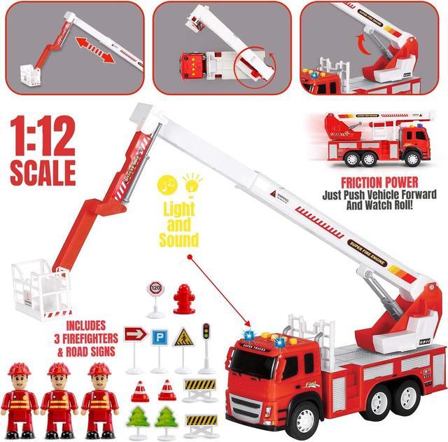 Alt view image 2 of 7 - Fire Truck Playset - 1:12 Scale Large Size Toys - Realistic Fire Engine, 3 Firemen, Road Signs, Lights, Sounds - Friction-Powered Fire Truck Toys for 3 Year Old Boys, Girls, Toddlers Age 3 4 5
