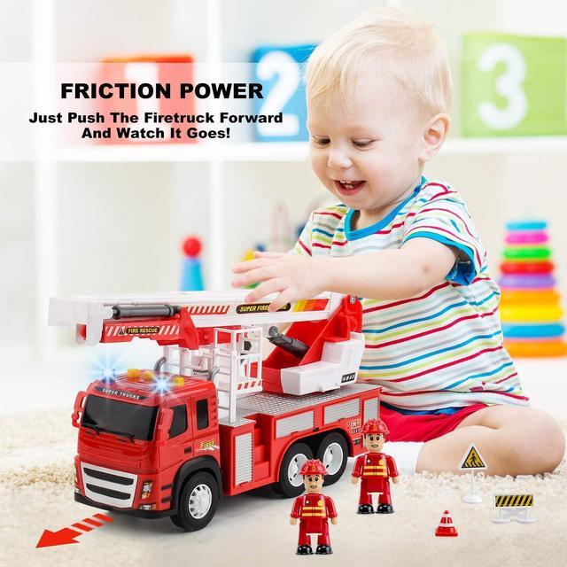 Alt view image 3 of 7 - Fire Truck Playset - 1:12 Scale Large Size Toys - Realistic Fire Engine, 3 Firemen, Road Signs, Lights, Sounds - Friction-Powered Fire Truck Toys for 3 Year Old Boys, Girls, Toddlers Age 3 4 5
