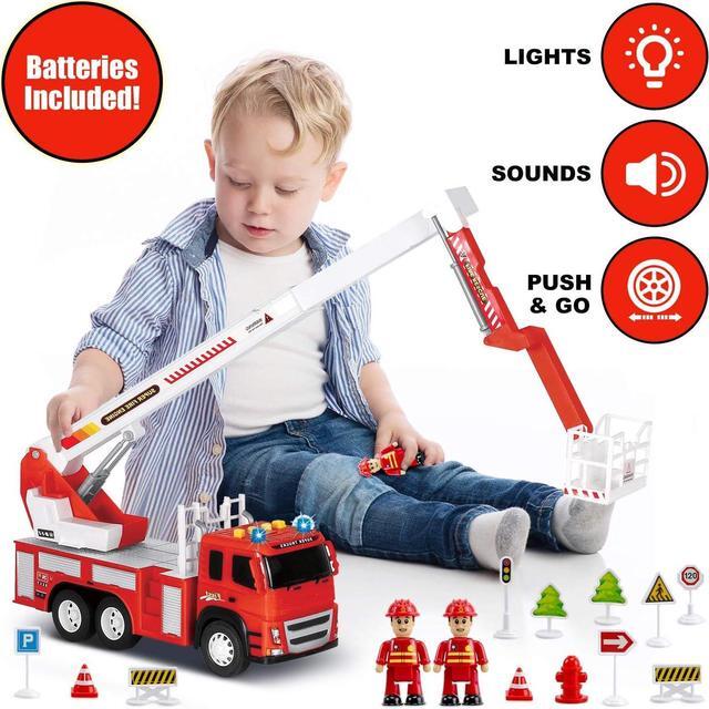 Alt view image 4 of 7 - Fire Truck Playset - 1:12 Scale Large Size Toys - Realistic Fire Engine, 3 Firemen, Road Signs, Lights, Sounds - Friction-Powered Fire Truck Toys for 3 Year Old Boys, Girls, Toddlers Age 3 4 5