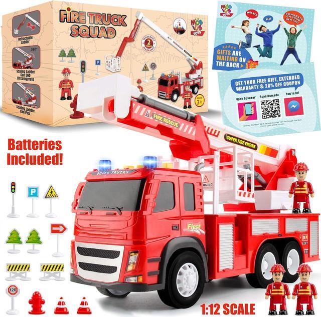 Alt view image 6 of 7 - Fire Truck Playset - 1:12 Scale Large Size Toys - Realistic Fire Engine, 3 Firemen, Road Signs, Lights, Sounds - Friction-Powered Fire Truck Toys for 3 Year Old Boys, Girls, Toddlers Age 3 4 5