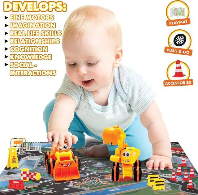Alt view image 5 of 7 - Toys for 3 Year Old Boy - 3 Friction Powered Trucks for 3+ Year Old Boys, Playmat & 16 Accessories, Push & Go Cars Cartoon Construction Vehicle Set - Toddler Boys Toys & Toy Trucks, Toddler Toys