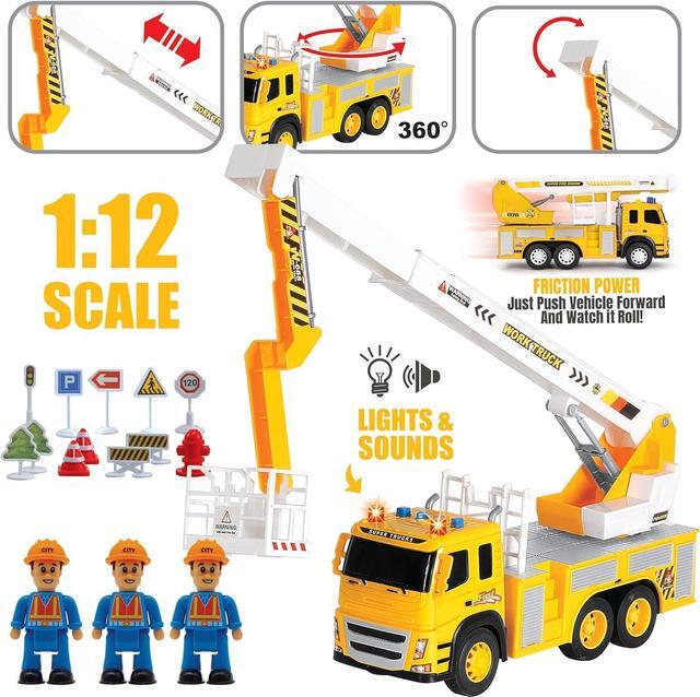 Alt view image 2 of 7 - Toy Rescue Fire Truck 1:12 Scale | Big Utility Bucket w/Lights Sounds+ 3 City Construction Workers and More Accessories, Toy Bucket Truck Rescue Utility Truck Toy for Kids Ages 3, 4, 5, 6, 7+