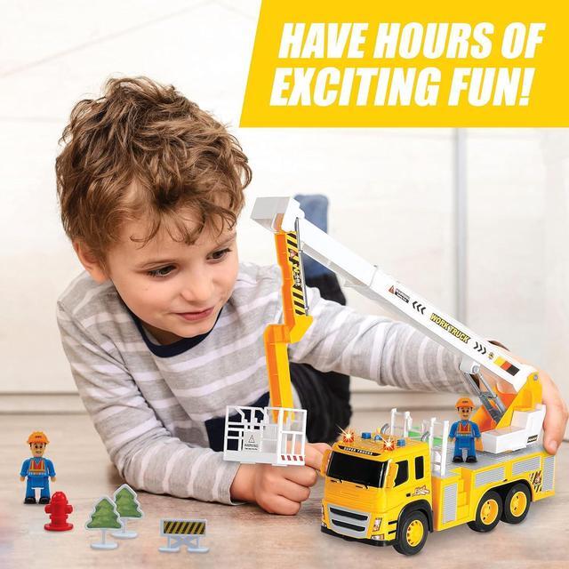 Alt view image 3 of 7 - Toy Rescue Fire Truck 1:12 Scale | Big Utility Bucket w/Lights Sounds+ 3 City Construction Workers and More Accessories, Toy Bucket Truck Rescue Utility Truck Toy for Kids Ages 3, 4, 5, 6, 7+