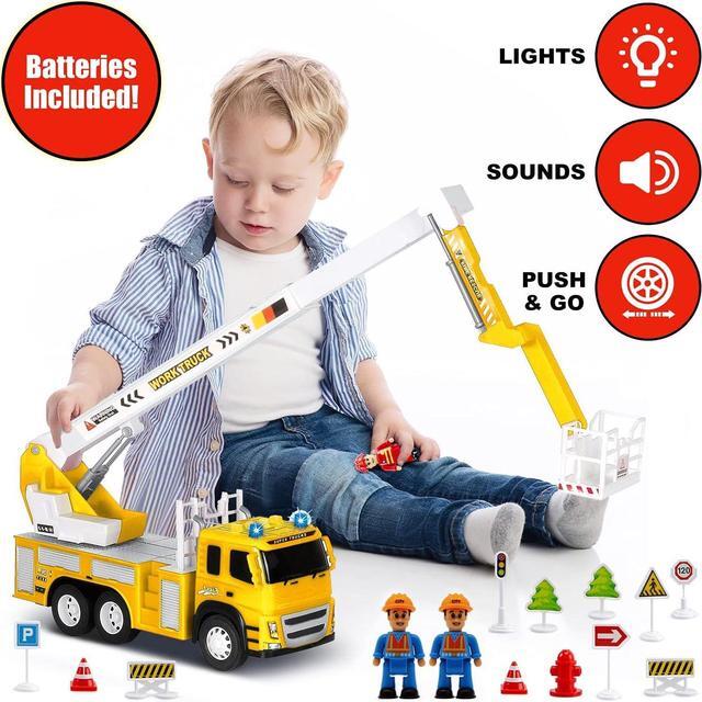Alt view image 4 of 7 - Toy Rescue Fire Truck 1:12 Scale | Big Utility Bucket w/Lights Sounds+ 3 City Construction Workers and More Accessories, Toy Bucket Truck Rescue Utility Truck Toy for Kids Ages 3, 4, 5, 6, 7+