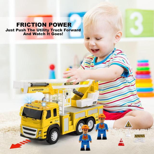 Alt view image 5 of 7 - Toy Rescue Fire Truck 1:12 Scale | Big Utility Bucket w/Lights Sounds+ 3 City Construction Workers and More Accessories, Toy Bucket Truck Rescue Utility Truck Toy for Kids Ages 3, 4, 5, 6, 7+