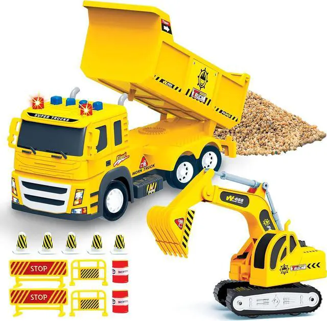 Alt view image 2 of 7 - 2 Pack Construction Toy Trucks - 1:12 SCALE Dump Truck + Excavator Truck with Lights and Sounds, Push and Go Realistic Big Truck Toy, Construction Vehicle Excavator Toy for Boys ages 3, 4, 5, 6, 7, 8+