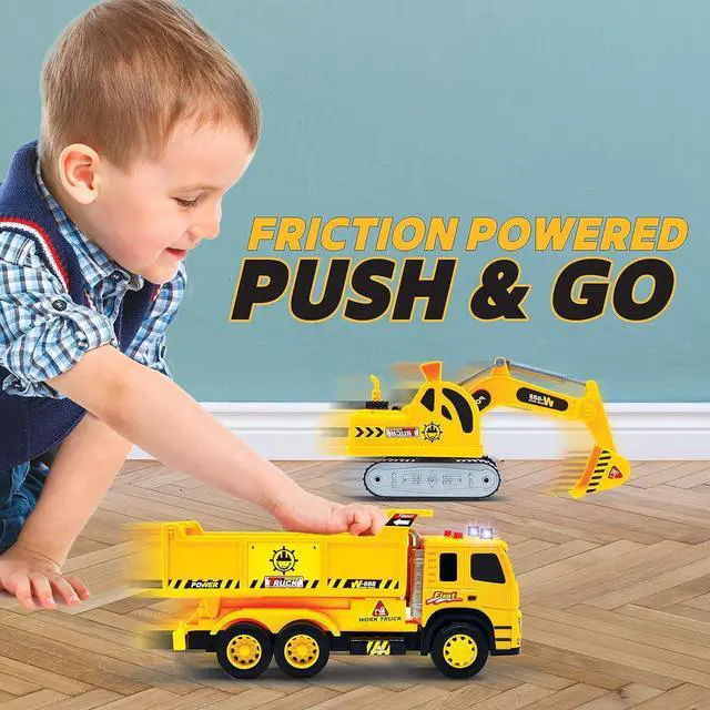 Alt view image 5 of 7 - 2 Pack Construction Toy Trucks - 1:12 SCALE Dump Truck + Excavator Truck with Lights and Sounds, Push and Go Realistic Big Truck Toy, Construction Vehicle Excavator Toy for Boys ages 3, 4, 5, 6, 7, 8+