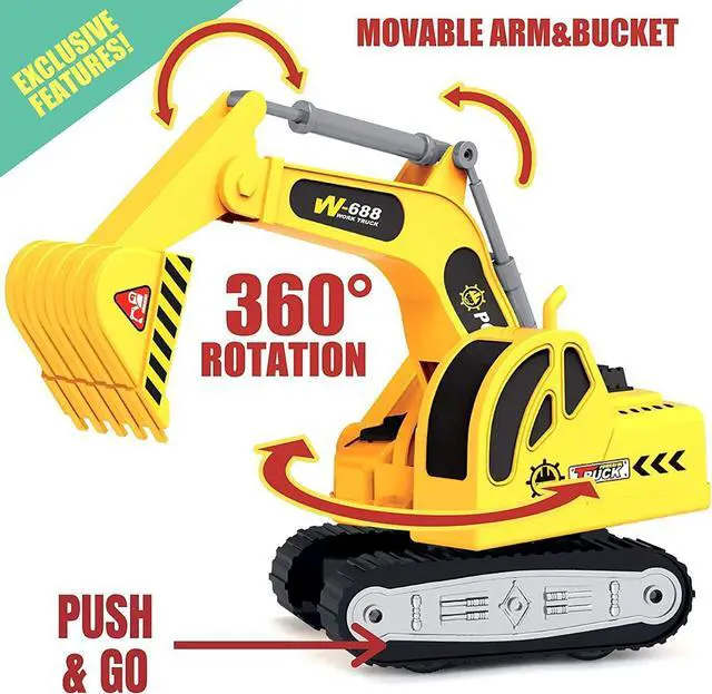 Alt view image 4 of 7 - 2 Pack Construction Toy Trucks - 1:12 SCALE Dump Truck + Excavator Truck with Lights and Sounds, Push and Go Realistic Big Truck Toy, Construction Vehicle Excavator Toy for Boys ages 3, 4, 5, 6, 7, 8+