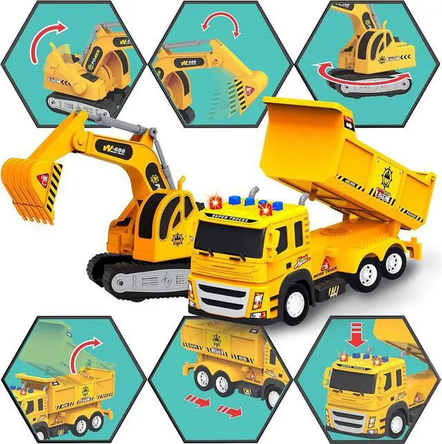 Alt view image 7 of 7 - 2 Pack Construction Toy Trucks - 1:12 SCALE Dump Truck + Excavator Truck with Lights and Sounds, Push and Go Realistic Big Truck Toy, Construction Vehicle Excavator Toy for Boys ages 3, 4, 5, 6, 7, 8+