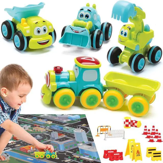 Main image of Toys for 3 Year Old Boy - 4 Friction Powered Trucks for 3+ Year Old Boys, Playmat & 16 Accessories, Push & Go Cars Cartoon Construction Vehicle Set - Toddler Boys Toys & Toy Trucks, Toddler Toys