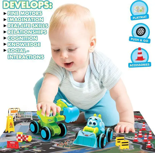 Alt view image 2 of 7 - Toys for 3 Year Old Boy - 4 Friction Powered Trucks for 3+ Year Old Boys, Playmat & 16 Accessories, Push & Go Cars Cartoon Construction Vehicle Set - Toddler Boys Toys & Toy Trucks, Toddler Toys