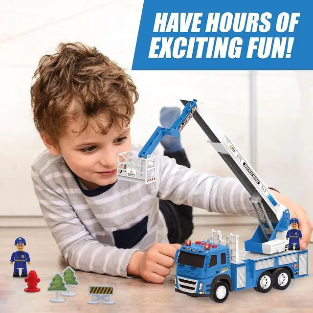 Alt view image 3 of 6 - Police Fire Truck Toy - 1:12 Scale Push and Go Realistic Vehicle Playset, 3 Law Enforcement Fire Trucks Action Figure, Extendable Ladder, Accessories w/Lights Sounds for Kids 3 4 5 6 7 8 Year Old