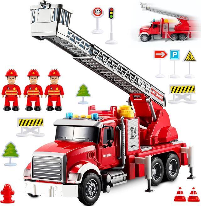Main image of Fire Truck Toy Set for Kids - Fire Engine Truck with Water Spraying Hose, Rotating Ladder + 3 Fireman Firefighters, Road Signs, Lights & Sounds  Toy Fire Truck for Boys Age 4-7, Girls 3 Years Old+