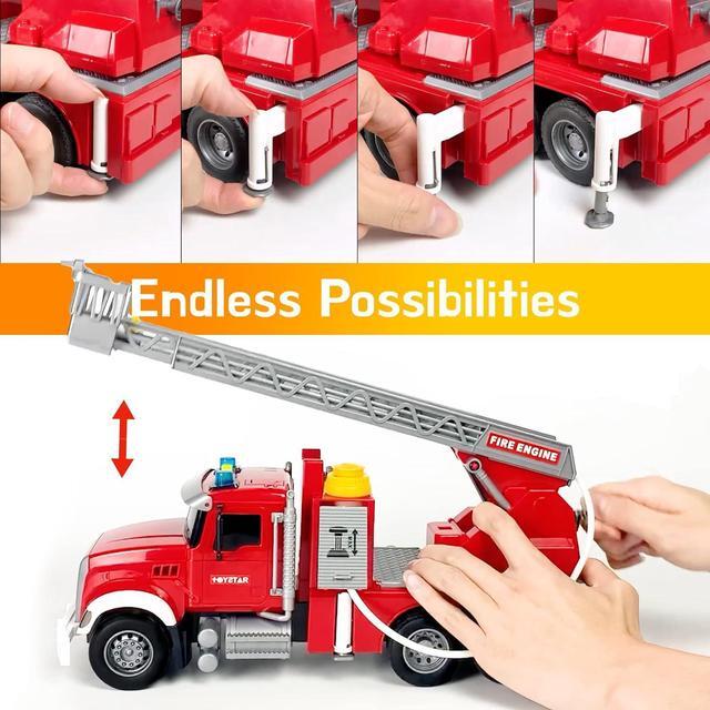 Alt view image 2 of 7 - Fire Truck Toy Set for Kids - Fire Engine Truck with Water Spraying Hose, Rotating Ladder + 3 Fireman Firefighters, Road Signs, Lights & Sounds  Toy Fire Truck for Boys Age 4-7, Girls 3 Years Old+