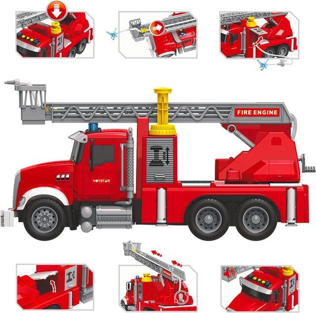 Alt view image 3 of 7 - Fire Truck Toy Set for Kids - Fire Engine Truck with Water Spraying Hose, Rotating Ladder + 3 Fireman Firefighters, Road Signs, Lights & Sounds  Toy Fire Truck for Boys Age 4-7, Girls 3 Years Old+