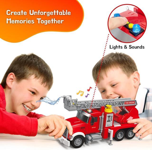 Alt view image 4 of 7 - Fire Truck Toy Set for Kids - Fire Engine Truck with Water Spraying Hose, Rotating Ladder + 3 Fireman Firefighters, Road Signs, Lights & Sounds  Toy Fire Truck for Boys Age 4-7, Girls 3 Years Old+
