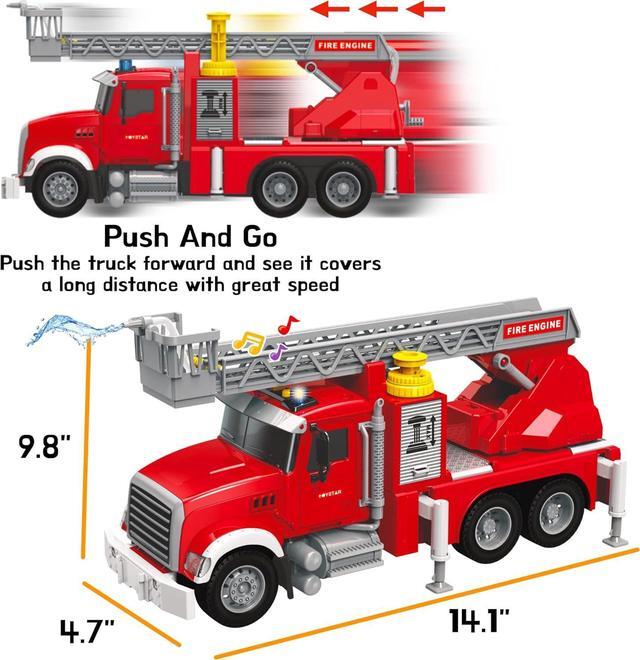Alt view image 5 of 7 - Fire Truck Toy Set for Kids - Fire Engine Truck with Water Spraying Hose, Rotating Ladder + 3 Fireman Firefighters, Road Signs, Lights & Sounds  Toy Fire Truck for Boys Age 4-7, Girls 3 Years Old+