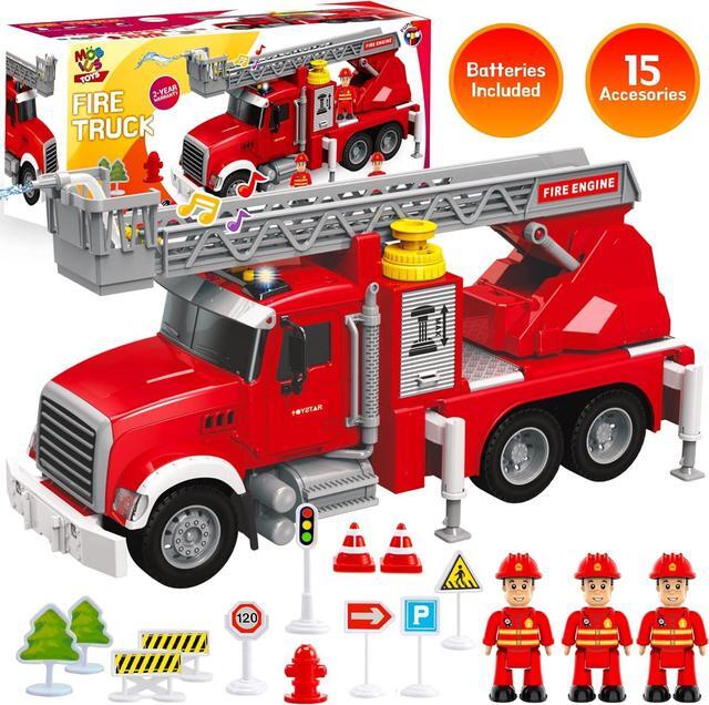 Alt view image 6 of 7 - Fire Truck Toy Set for Kids - Fire Engine Truck with Water Spraying Hose, Rotating Ladder + 3 Fireman Firefighters, Road Signs, Lights & Sounds  Toy Fire Truck for Boys Age 4-7, Girls 3 Years Old+