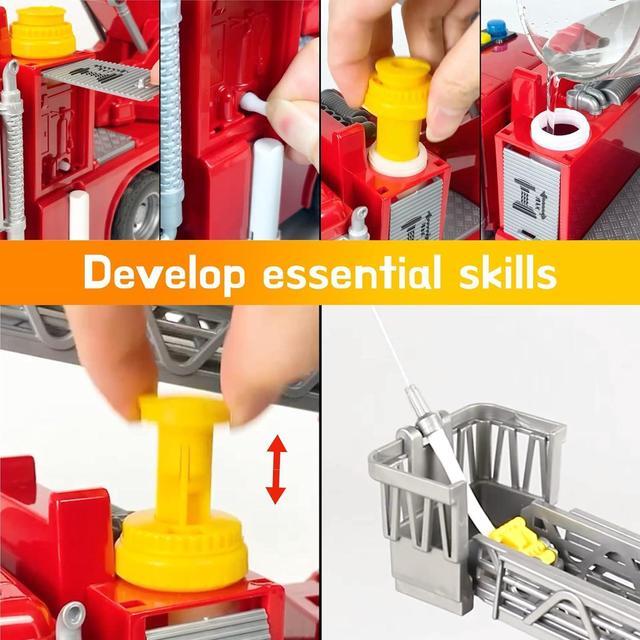 Alt view image 7 of 7 - Fire Truck Toy Set for Kids - Fire Engine Truck with Water Spraying Hose, Rotating Ladder + 3 Fireman Firefighters, Road Signs, Lights & Sounds  Toy Fire Truck for Boys Age 4-7, Girls 3 Years Old+