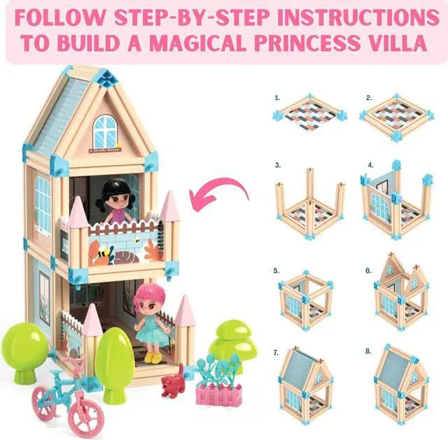 Alt view image 3 of 7 - 196-Piece 3D Princess Castle Villa Doll House Building Toy Set - STEM Montessori DIY Building Blocks Toys - Dollhouse for Girls Age 3 4 5 6 7 8 Year Old, LED Lights, ABS Plastic, Creative Kids Gift