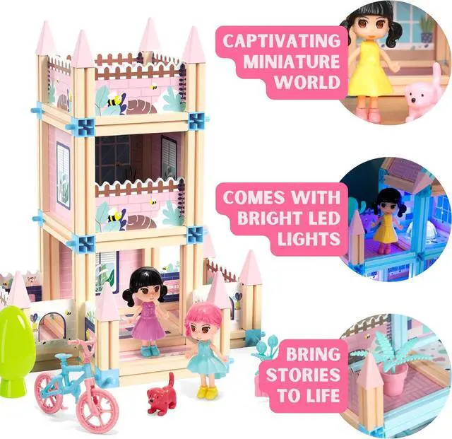 Alt view image 4 of 7 - 196-Piece 3D Princess Castle Villa Doll House Building Toy Set - STEM Montessori DIY Building Blocks Toys - Dollhouse for Girls Age 3 4 5 6 7 8 Year Old, LED Lights, ABS Plastic, Creative Kids Gift