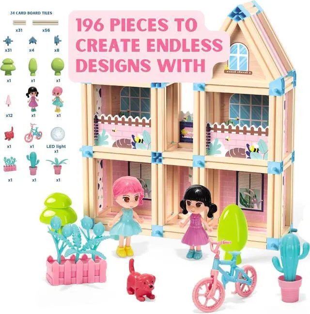 Alt view image 6 of 7 - 196-Piece 3D Princess Castle Villa Doll House Building Toy Set - STEM Montessori DIY Building Blocks Toys - Dollhouse for Girls Age 3 4 5 6 7 8 Year Old, LED Lights, ABS Plastic, Creative Kids Gift
