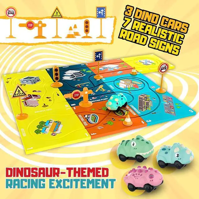 Alt view image 3 of 7 - Puzzle Racer Kids Car Track Set - (28 Piece) Magnet Toddler Race Tracks for Kids 3-5, w/ 3 Dinosaur Cars, and Accessories, Montessori Building Toy, Rail Car Puzzle Gifts for 3 4 5 6 Year Old Boys