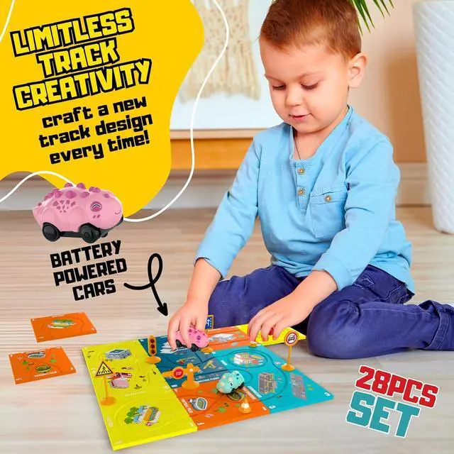 Alt view image 4 of 7 - Puzzle Racer Kids Car Track Set - (28 Piece) Magnet Toddler Race Tracks for Kids 3-5, w/ 3 Dinosaur Cars, and Accessories, Montessori Building Toy, Rail Car Puzzle Gifts for 3 4 5 6 Year Old Boys