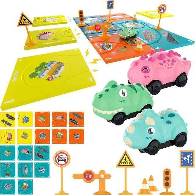 Alt view image 7 of 7 - Puzzle Racer Kids Car Track Set - (28 Piece) Magnet Toddler Race Tracks for Kids 3-5, w/ 3 Dinosaur Cars, and Accessories, Montessori Building Toy, Rail Car Puzzle Gifts for 3 4 5 6 Year Old Boys