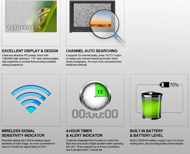 Alt view image 6 of 7 - Lilliput 339/W White -7" 1280X800 IPS FPV Monitor with Channel auto searching Single 5.8Ghz receivers cover 4 bands and total 32 channels AV Wireless Receiver + 2600 mah Battery Built