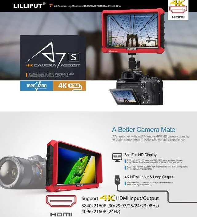 Alt view image 7 of 7 - Lilliput 4K Camera-Top Monitor A7s 8 Bit Full HD Display 1920×1200 Resolution 170 Degree Wide Viewing Angle 1000:1 High Contrast 5000cd/m2 High Brightness 20.5mm Thickness and 320g Weight LCD Panel