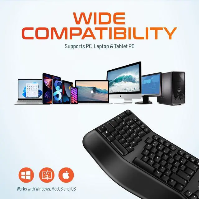 Alt view image 4 of 7 - Delton KB200 Wireless Ergonomic Computer Keyboard Full-Size Design with Wrist Rest Quiet, Responsive Keys 2AA Batteries Operated, Compatible with PC, Mac, and Smart Devices