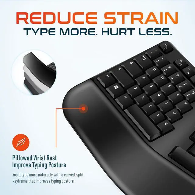 Alt view image 7 of 7 - Delton KB200 Wireless Ergonomic Computer Keyboard Full-Size Design with Wrist Rest Quiet, Responsive Keys 2AA Batteries Operated, Compatible with PC, Mac, and Smart Devices
