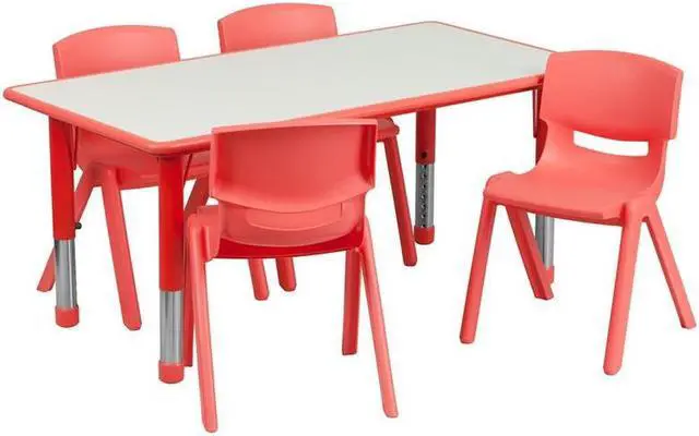 Alt view image 3 of 19 - 23.625''W x 47.25''L Rectangular Red Plastic Height Adjustable Activity Table Set with 4 Chairs