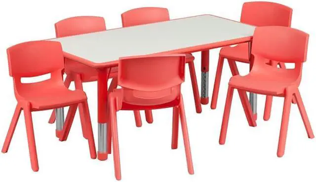 Alt view image 4 of 14 - 23.625''W x 47.25''L Rectangular Red Plastic Height Adjustable Activity Table Set with 6 Chairs
