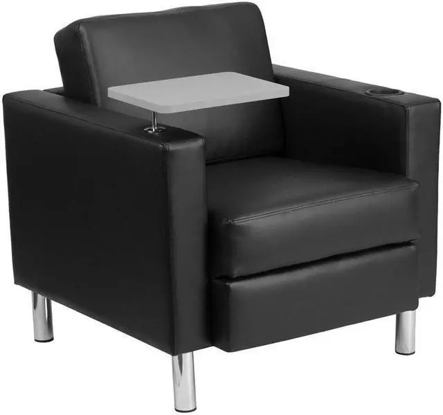 Alt view image 4 of 20 - Black Leather Guest Chair with Tablet Arm, Tall Chrome Legs and Cup Holder