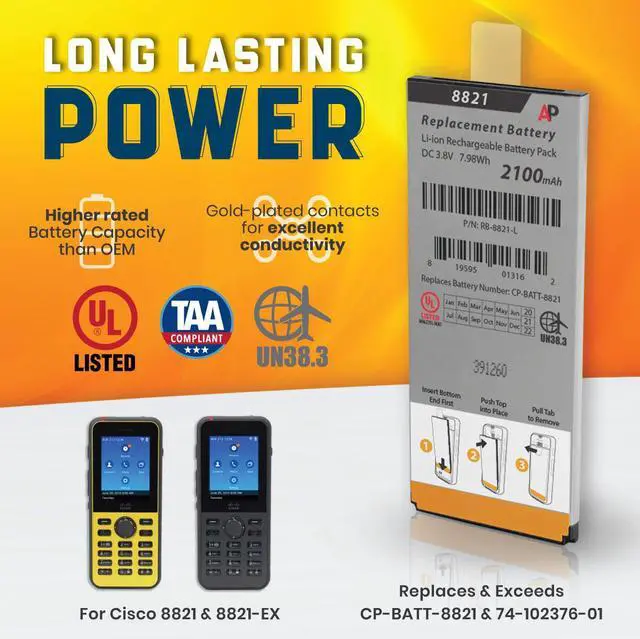 Alt view image 5 of 5 - Replacement Battery for Cisco 8821 & 8821-EX Phones. 2000mAh