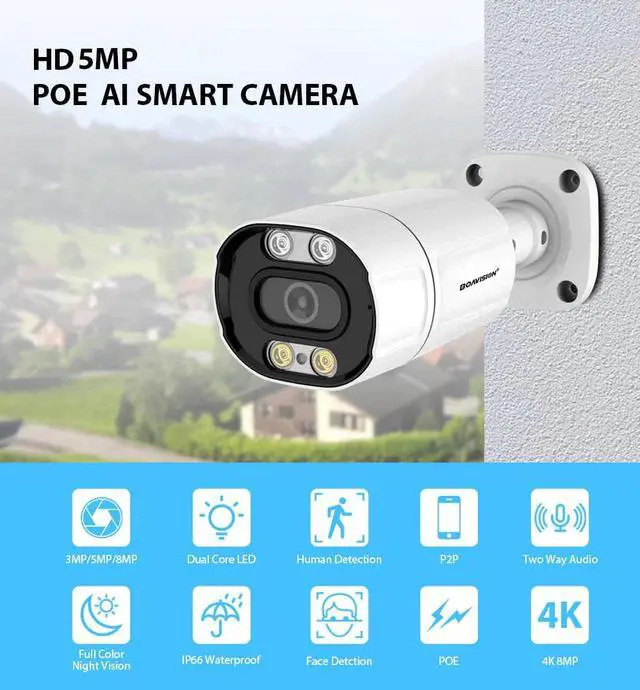 Alt view image 6 of 7 - 5MP Ultra HD 2.8MM H.265 POE IP Camera AI Motion Detection Two Way Audio Outdoor Full Color Night Vision