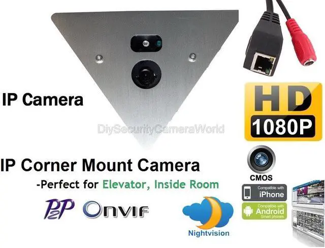 Main image of 1920 x 1080 HD IP Corner Mount Security Camera 3.6mm Wide Angle Lens, Array LED, Built-in microphone,P2P, ONVIF, Mobile Phone View. Prefect for Elevator, Inside Room