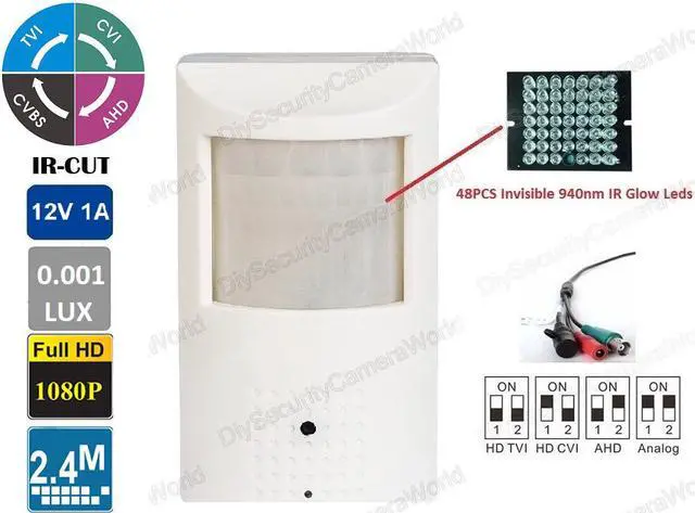 Main image of CCTV 4-in-1 PIR Hidden Security Camera 2.4MP 1080P HD CVI/TVI/AHD, 960H, with 48PCS invisible IR Glow LED, BNC