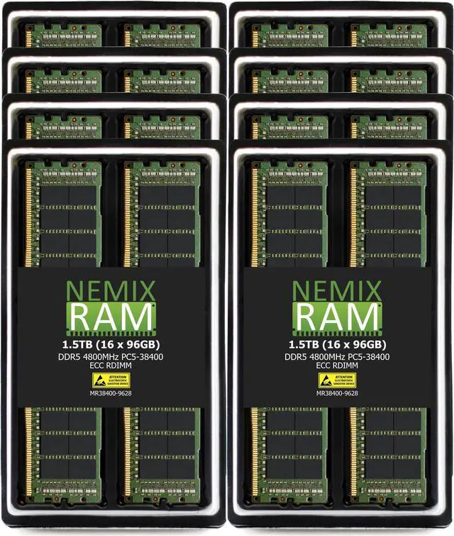 Main image of NEMIX RAM 1.5TB (16X96GB) DDR5 4800MHZ PC5-38400 2Rx8 1.1V CL40 288-PIN ECC RDIMM Registered Server Memory KIT Compatible with THINKMATE GPX-QH24-24E4-8GPU|GPX-QH14-28E4-8HGX GPU-Optimized Servers