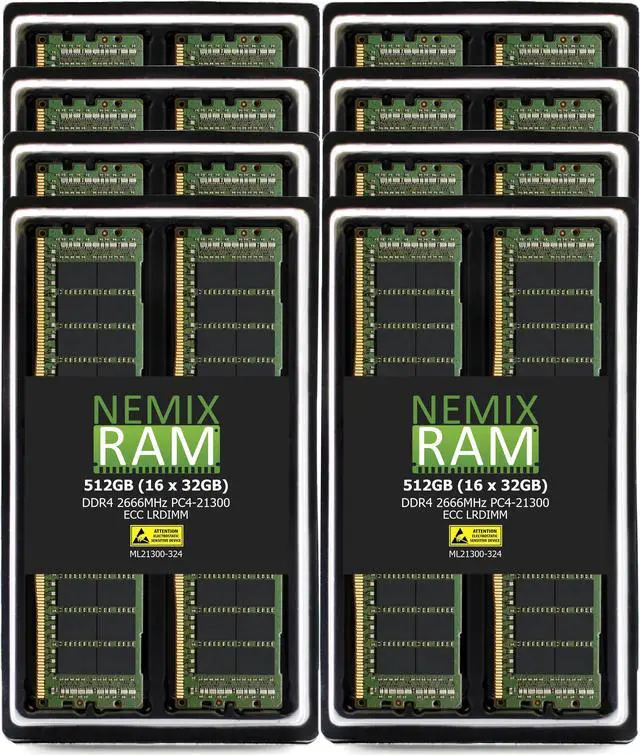 Main image of NEMIX RAM 512GB (16X32GB) DDR4 2666MHZ PC4-21300 2Rx4 1.2V CL19 288-PIN ECC LRDIMM Compatible with THINKMATE GPX-QT8-24E2-8GPU GPU-Optimized Servers
