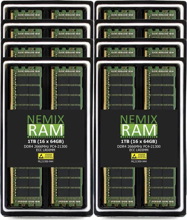 Main image of NEMIX RAM 1TB (16X64GB) DDR4 2666MHZ PC4-21300 4Rx4 1.2V CL19 288-PIN ECC LRDIMM Load Reduced Server Memory KIT Compatible with THINKMATE GPX-QT8-24E2-8GPU GPU-Optimized Servers
